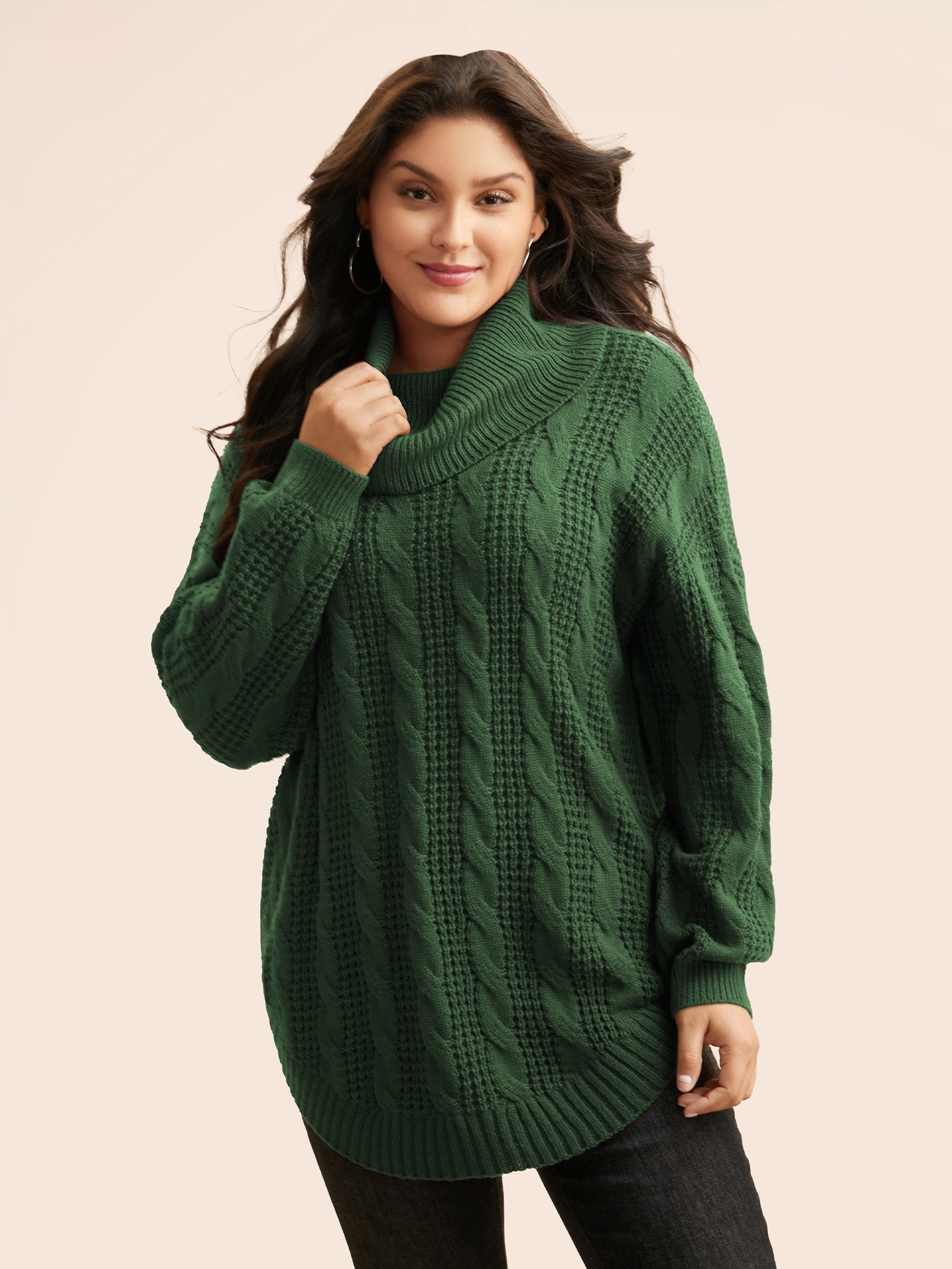 Turtleneck Cable Knit Curved Hem Pullover