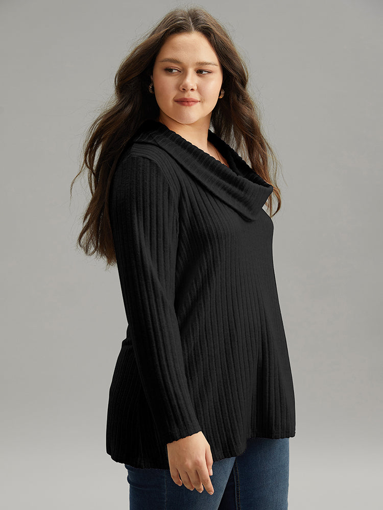 Plain Rib Knit Cowl Neck T-Shirt